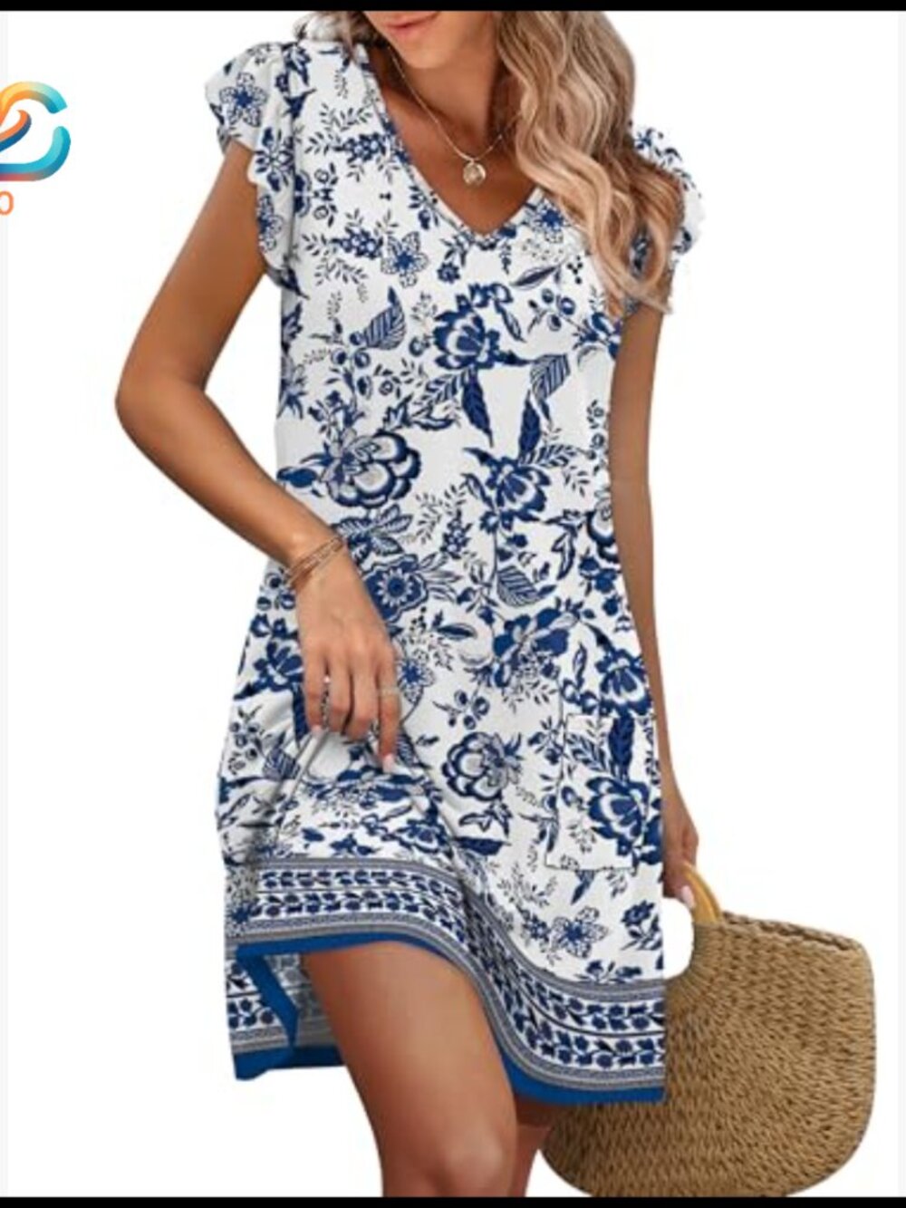 Knee-Length Swing Dress with Ruffle Sleeves and Pockets, Loose Fit - Picture 2 of 7
